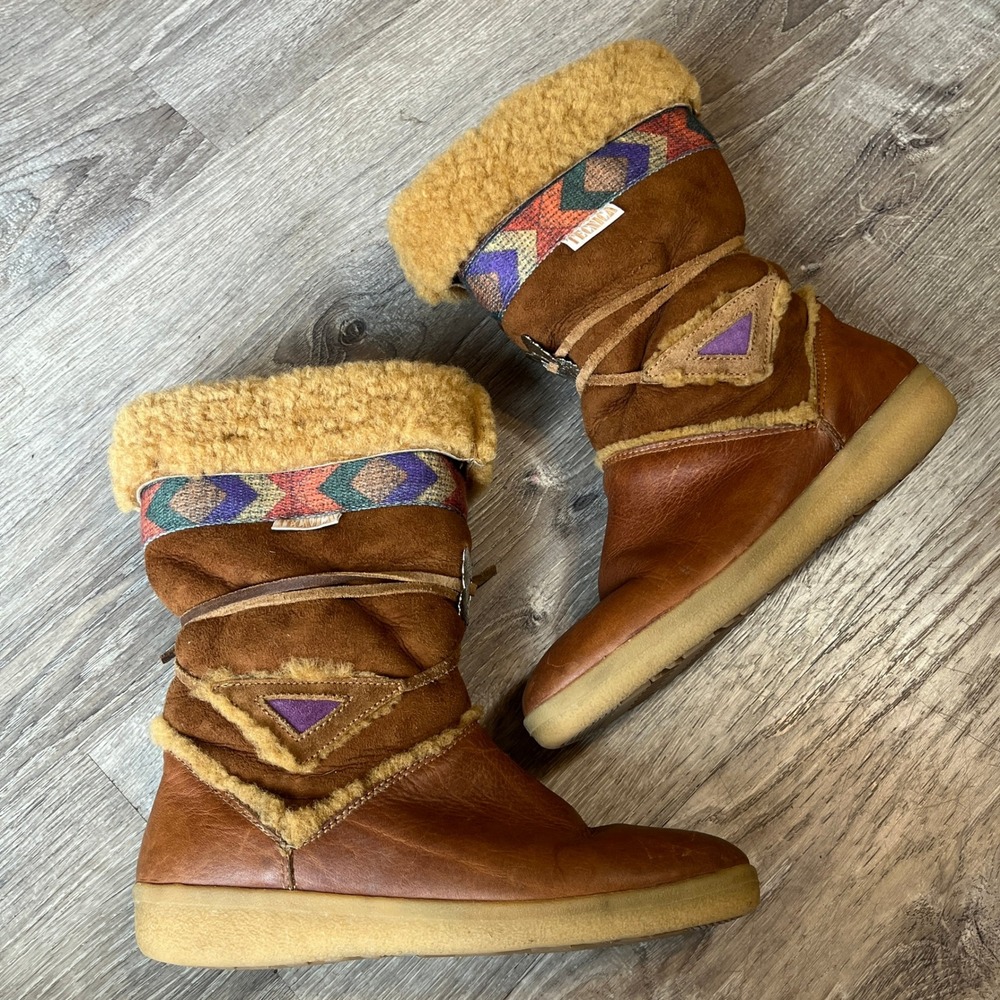 Tecnica Vintage Leather Suede Boho Snow Boots Butterfly Hardware Brown Womens 8